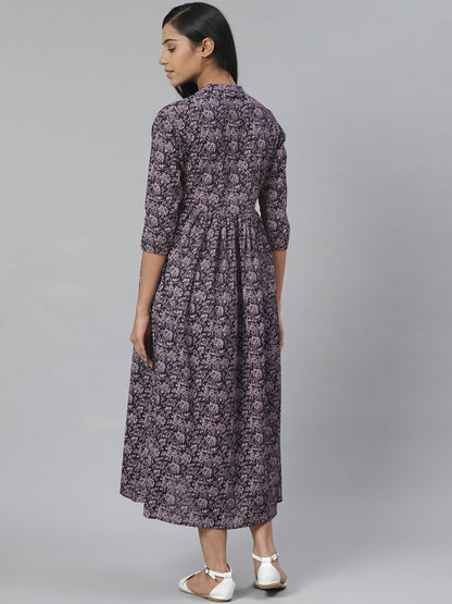 Dhiyona AY Women's Navy Blue & Pink Printed Pure Cotton Maternity A-Line Dress