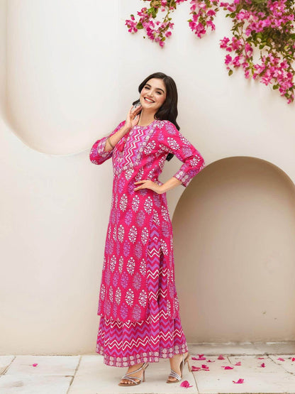 Dhiyona IS Women's Ethnic Motifs Printed Thread Work Pure Cotton Straight Kurta With Skirt