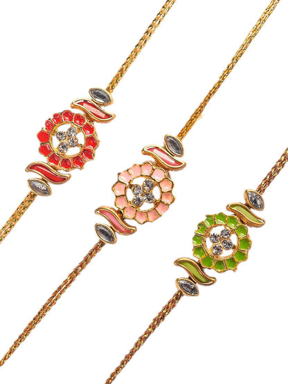 Dhiyona Set Of 3 Red Kundan-Studded & Beaded Rakhi With Roli Rice & Greeting Card