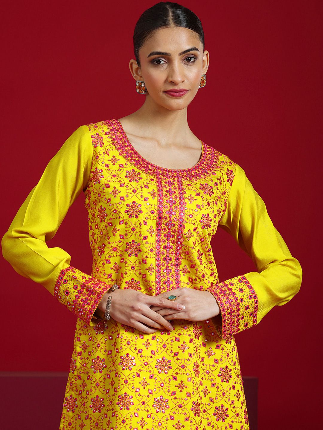 Dhiyona LL Floral Embroidered Mirror Work Straight Kurta With Palazzos & Dupatta