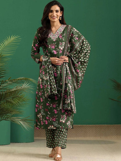 Women Floral Printed Regular Thread Work Kurta with Trousers & With Dupatta