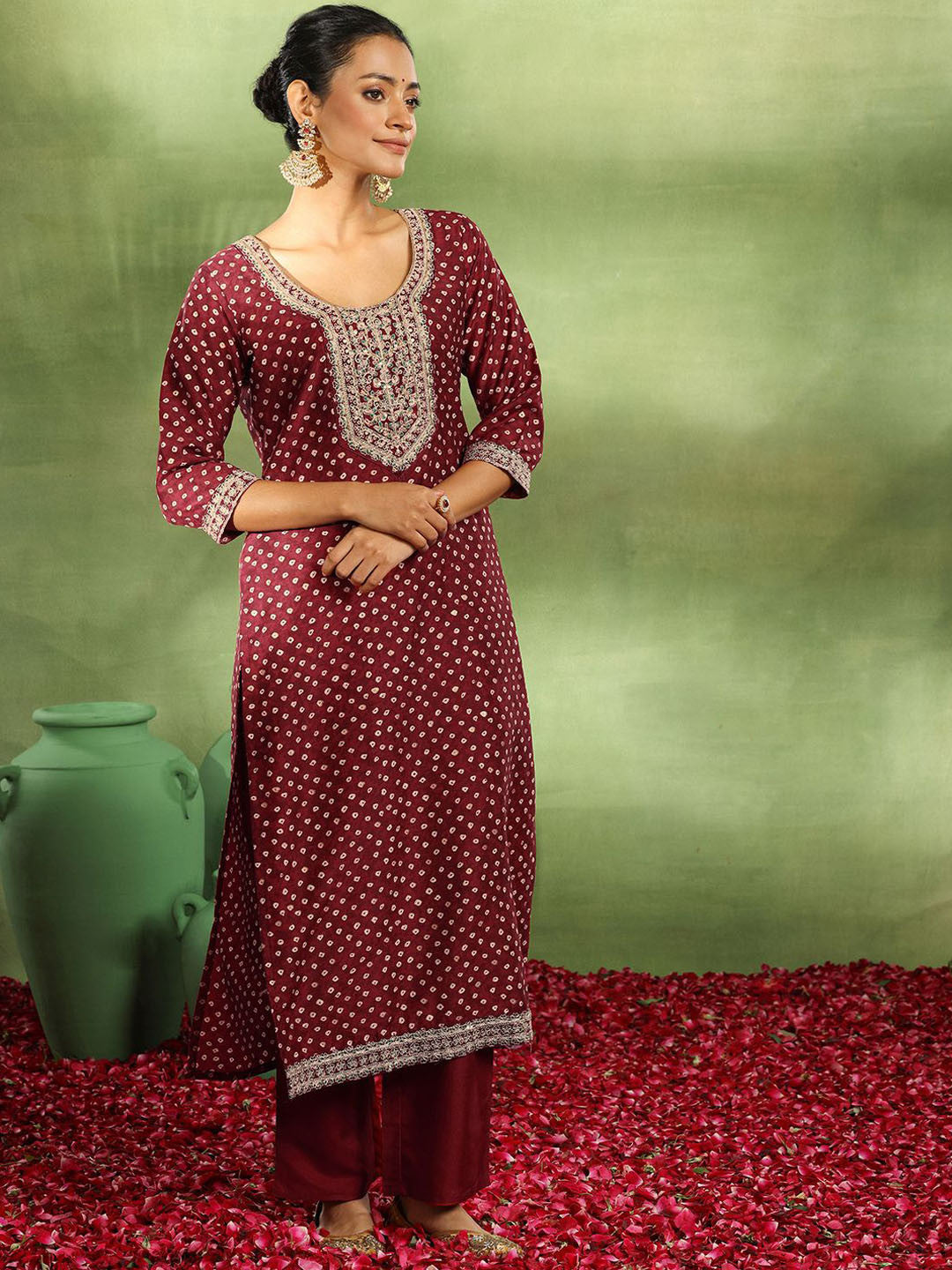 Bandhani Embroidered Sequinned Straight Kurta With Trouser & Dupatta