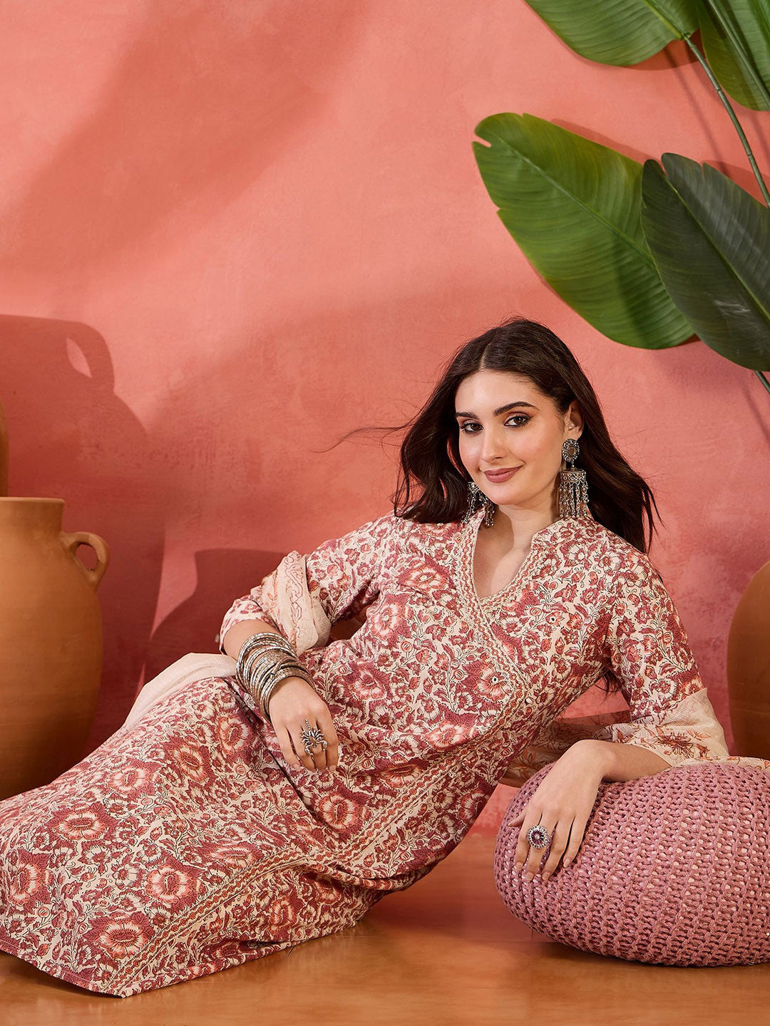 Floral Printed A Line Mandarin Collar Neck Kurta With Trouser & Dupatta