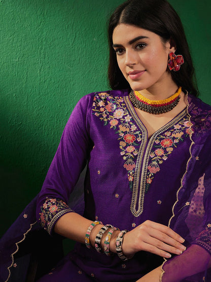 Dhiyona SN Ethnic Embroidered Sequined Zari V-Neck Kurta With Palazzo & Dupatta