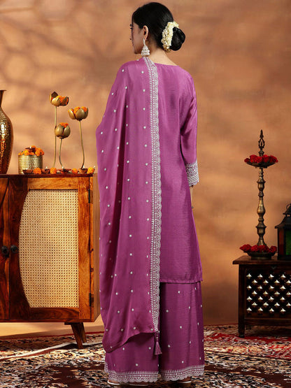 Women Solid Embroidered Regular Thread Work Kurta with Palazzos & With Dupatta