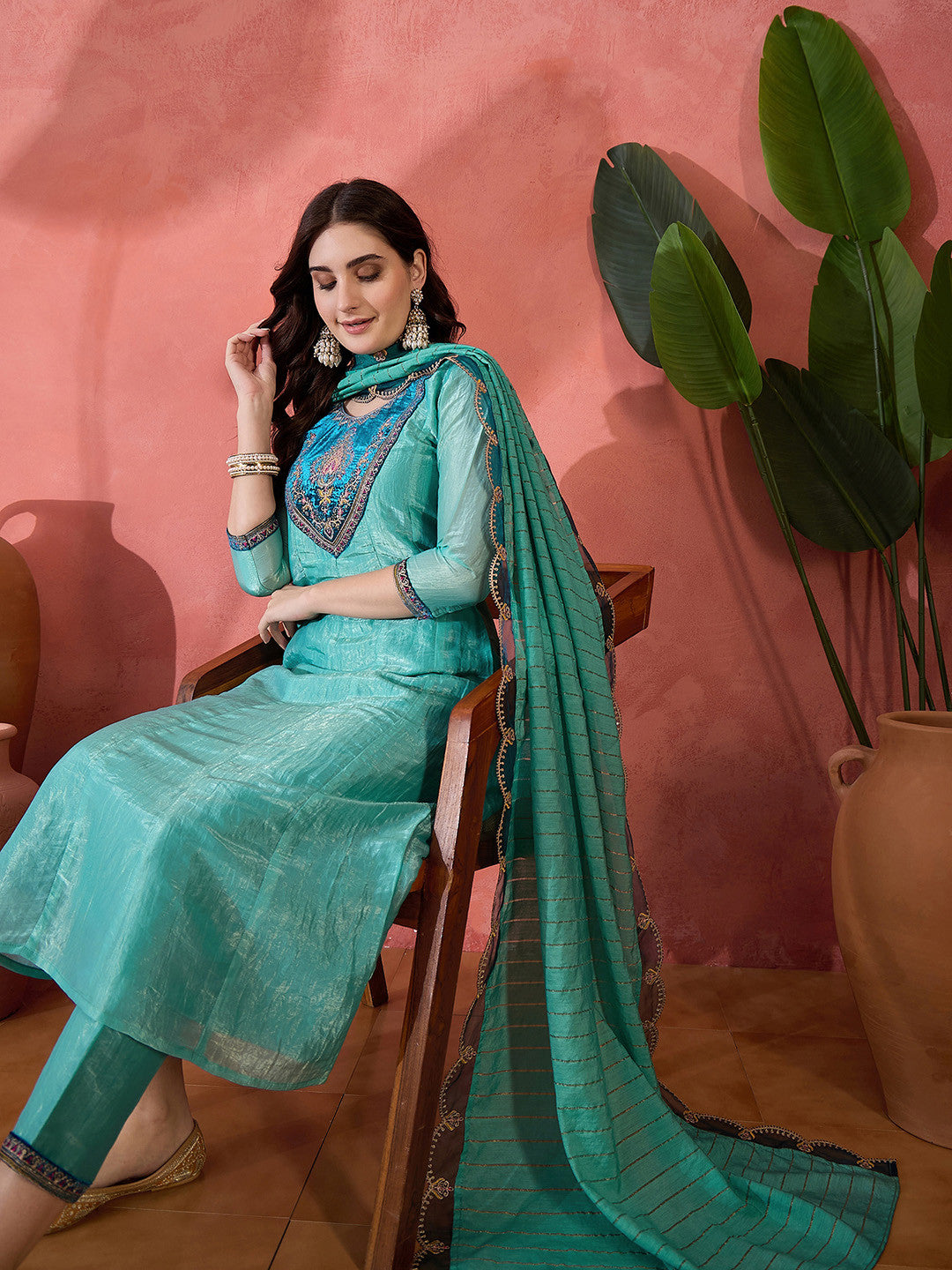 Embroidered Zari Sequence Straight Kurta With Trousers & Dupatta