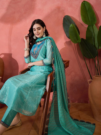 Embroidered Zari Sequence Straight Kurta With Trousers & Dupatta