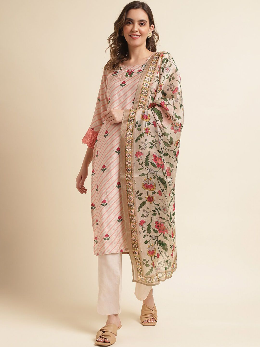 Dhiyona IS Women's Peach-Coloured Floral Printed Pure Cotton Straight Kurta & Trousers With Dupatta