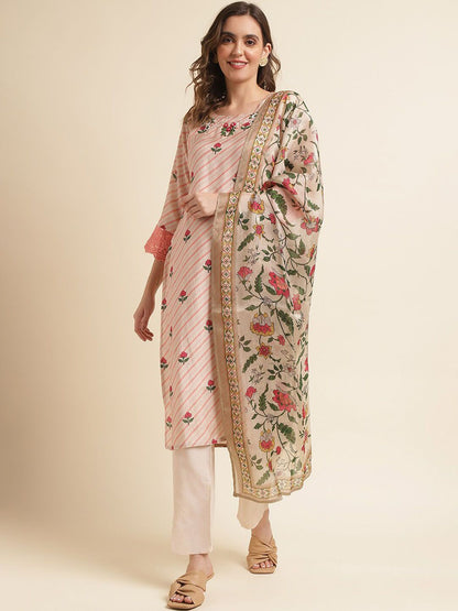Dhiyona IS Women's Peach-Coloured Floral Printed Pure Cotton Straight Kurta & Trousers With Dupatta