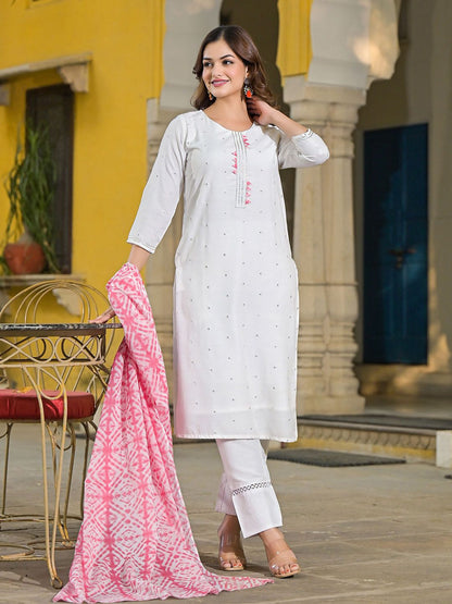 Dhiyona KL Women Floral Embroidered Regular Mirror Work Kurta with Trousers & With Dupatta
