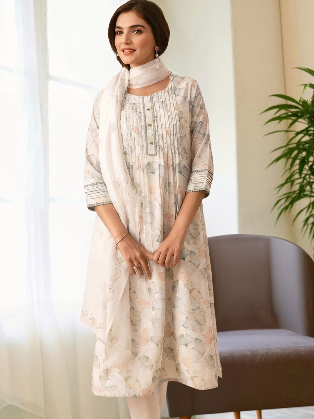 Dhiyona IS Women's White Floral Printed Beads & Stones A-Line Kurta & Trousers With Dupatta
