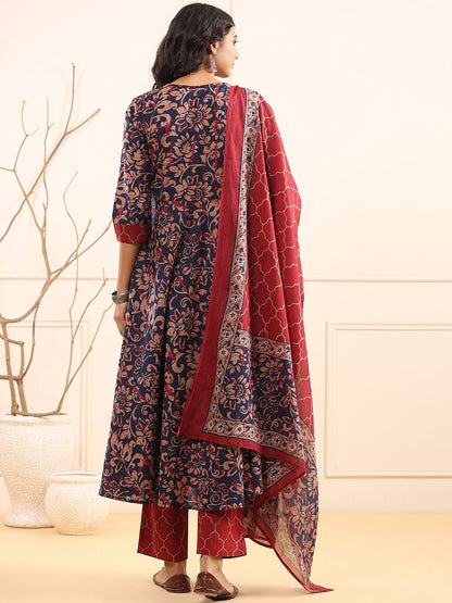 Dhiyona RR Women's Floral Embroidered Pure Cotton Kurta with Trousers & Dupatta
