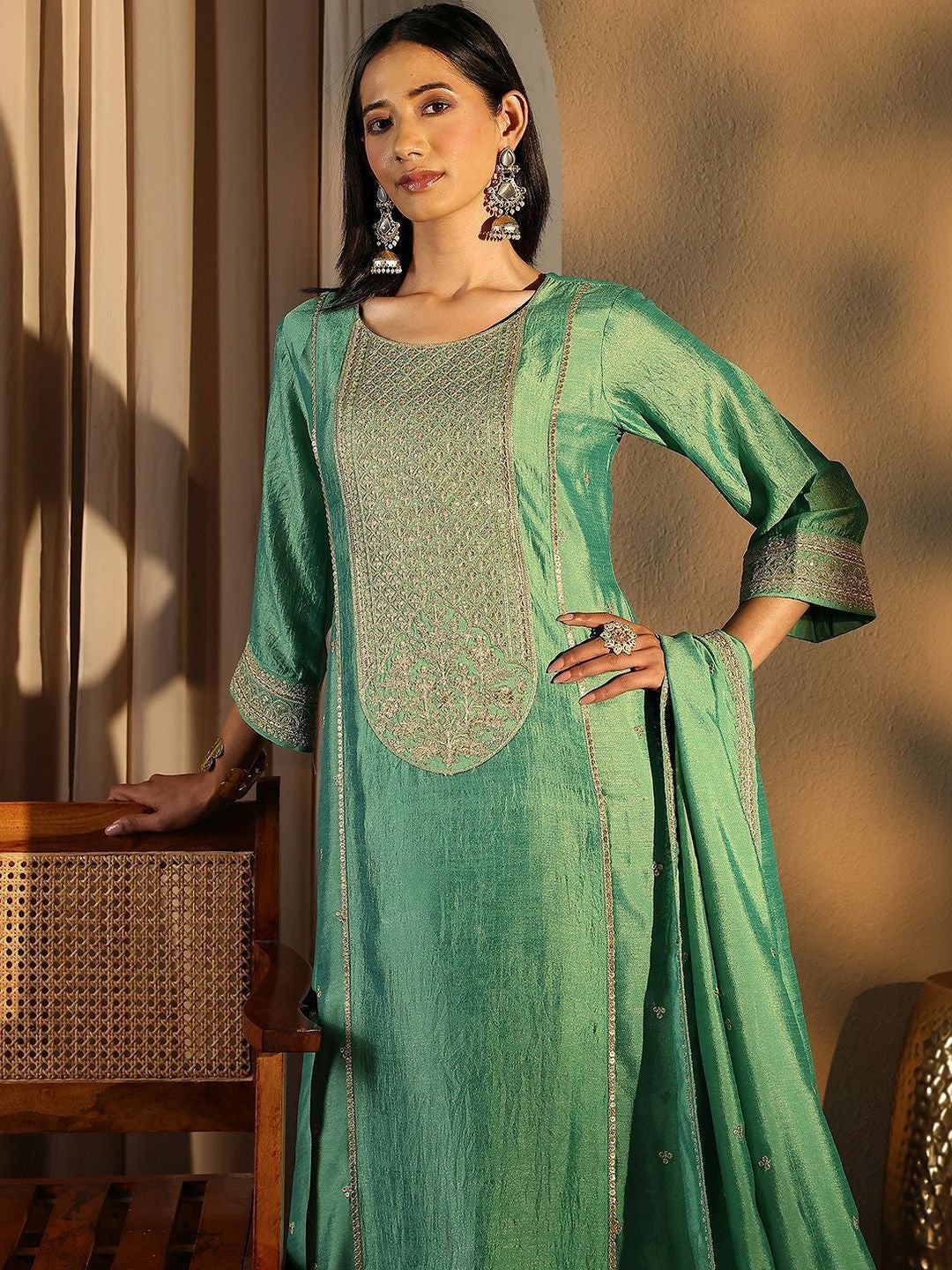Women Ethnic Motifs Embroidered Panelled Kurta with Trousers & With Dupatta