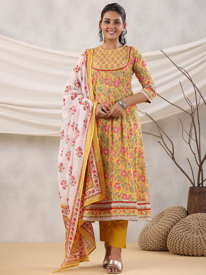 Dhiyona RR Women's Floral Printed Sequined Anarkali Pure Cotton Kurta with Trousers & Dupatta