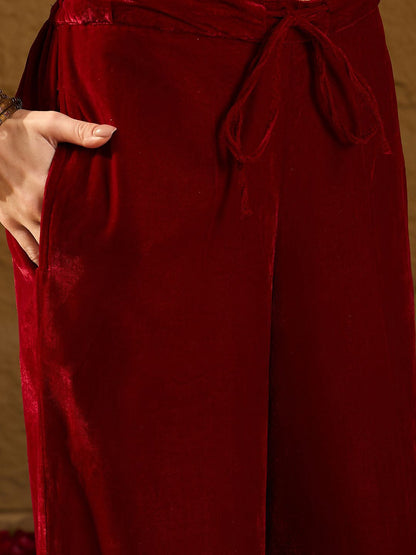 Dhiyona KL Embroidered Notch Neck Straight Velvet Kurta With Palazzos And Dupatta