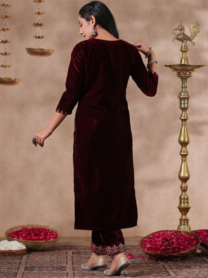 Dhiyona IS Women's Maroon Ethnic Motifs Embroidered Thread Work Velvet Kurta With Trousers