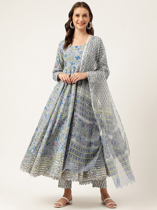 Dhiyona KL Floral Printed Pure Cotton Anarkali Kurta & Trousers With Dupatta