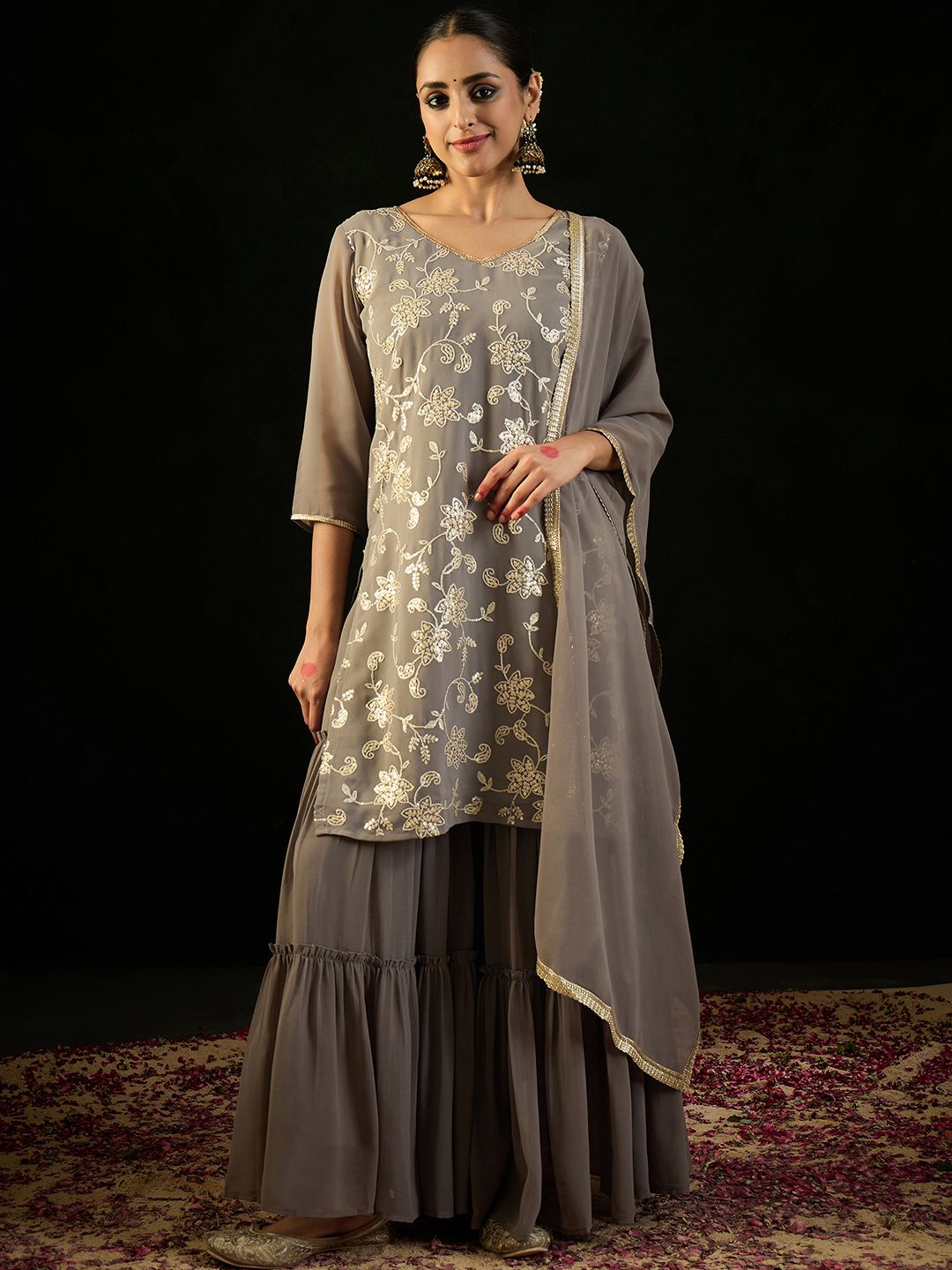 Dhiyona IE V Neck Floral Embroidered Thread Work Kurta with Sharara & Dupatta