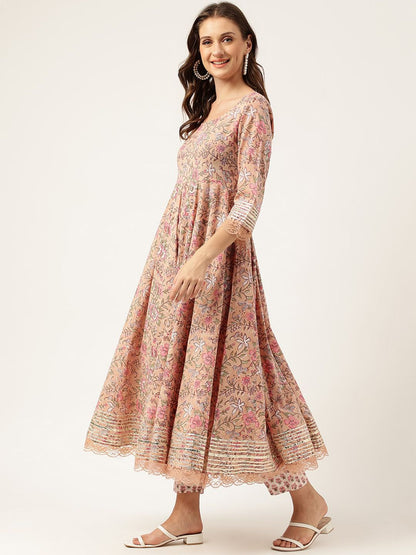 Dhiyona KL Floral Printed Gotta Patti Detail Pure Cotton Anarkali Kurta & Trouser With Dupatta