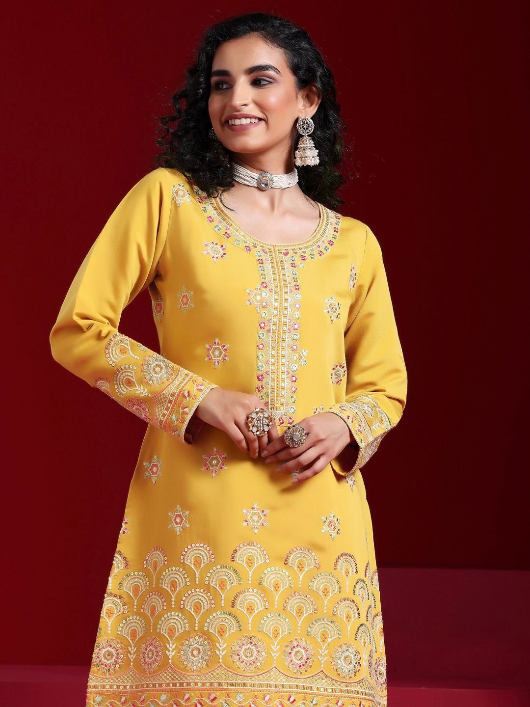 Dhiyona LL Floral Embroidered Sequinned Straight Kurta With Palazzos & Dupatta