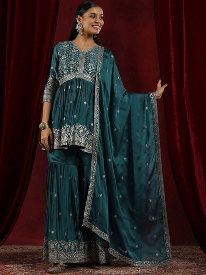 Dhiyona LL Womens Teal Embroidered A-Line Kurti With Sharara & Dupatta