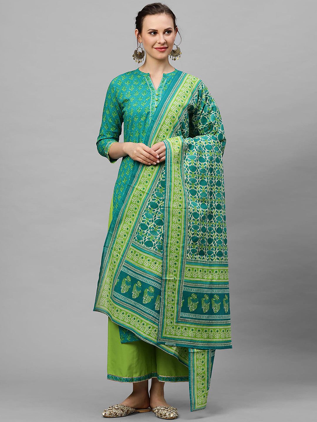 Women Green Ethnic Motifs Printed Pure Cotton Kurta with Palazzos & With Dupatta