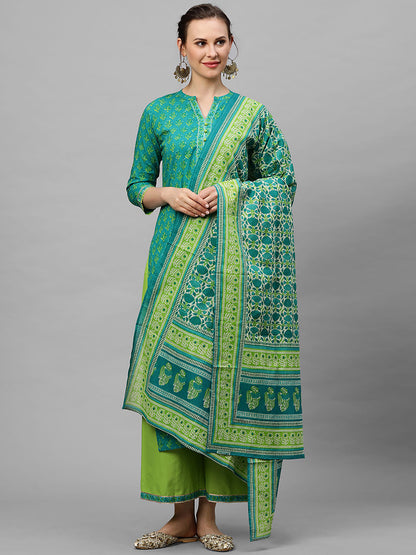 Women Green Ethnic Motifs Printed Pure Cotton Kurta with Palazzos & With Dupatta