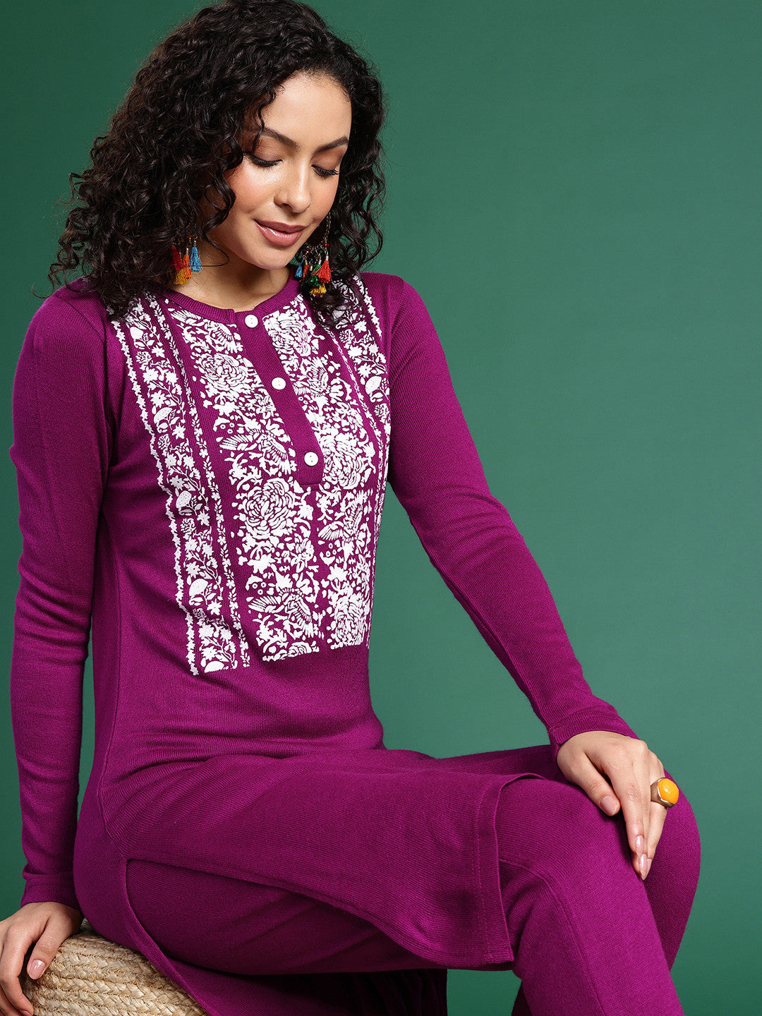 Dhiyona SN Floral Printed Band Collar Kurta with Trousers