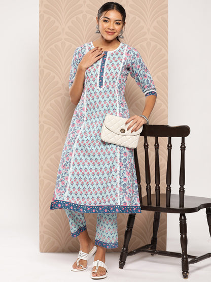 Floral Printed Panelled Pure Cotton Kurta with Trousers