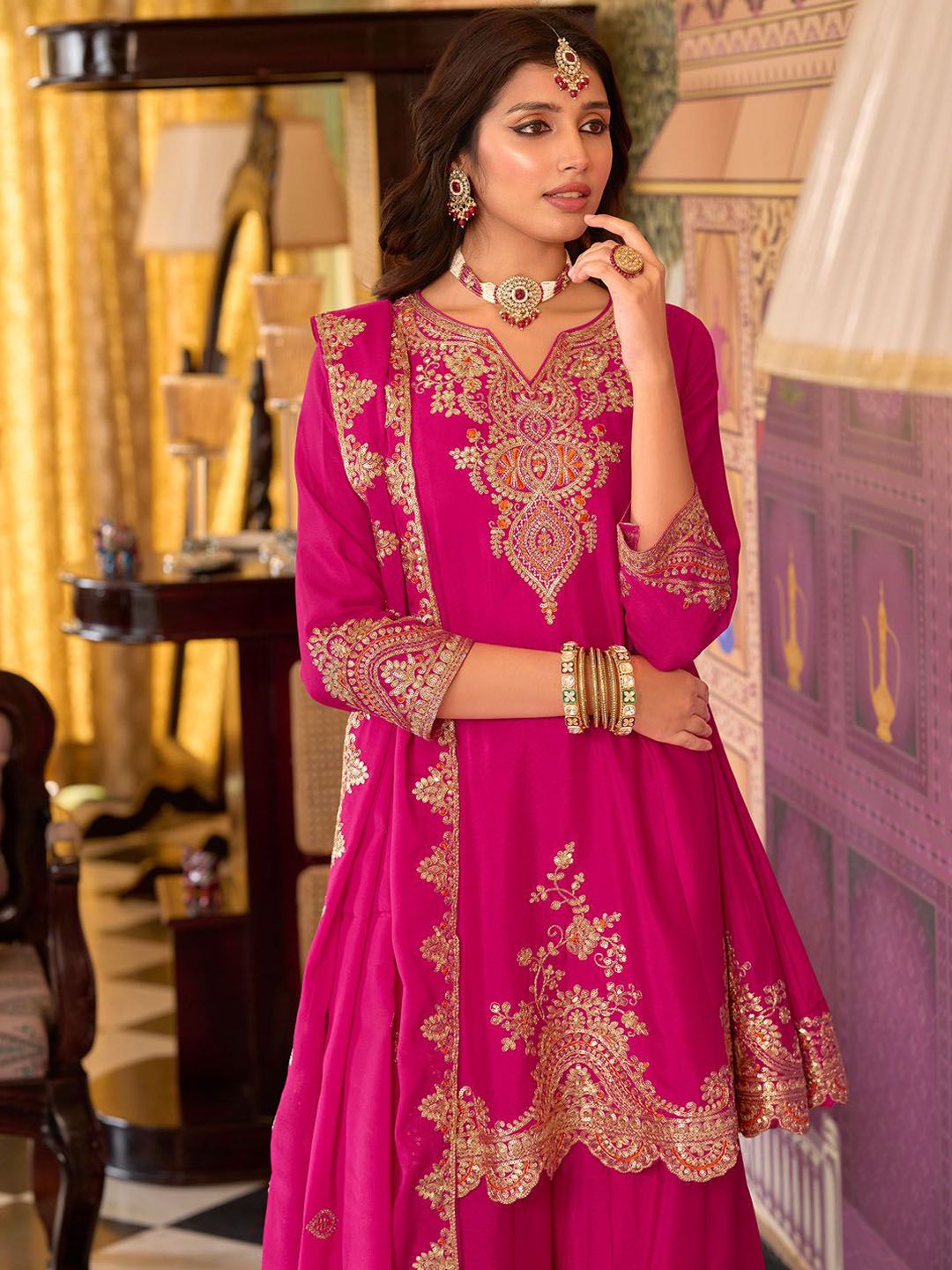 Dhiyona IE Floral Embroidered Sequinned Chinon A-Line Kurta With Palazzos & Dupatta