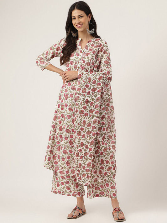 Dhiyona KL Floral Printed Mandarin Collar Pure Cotton Anarkali Kurta With Palazzos & Dupatta