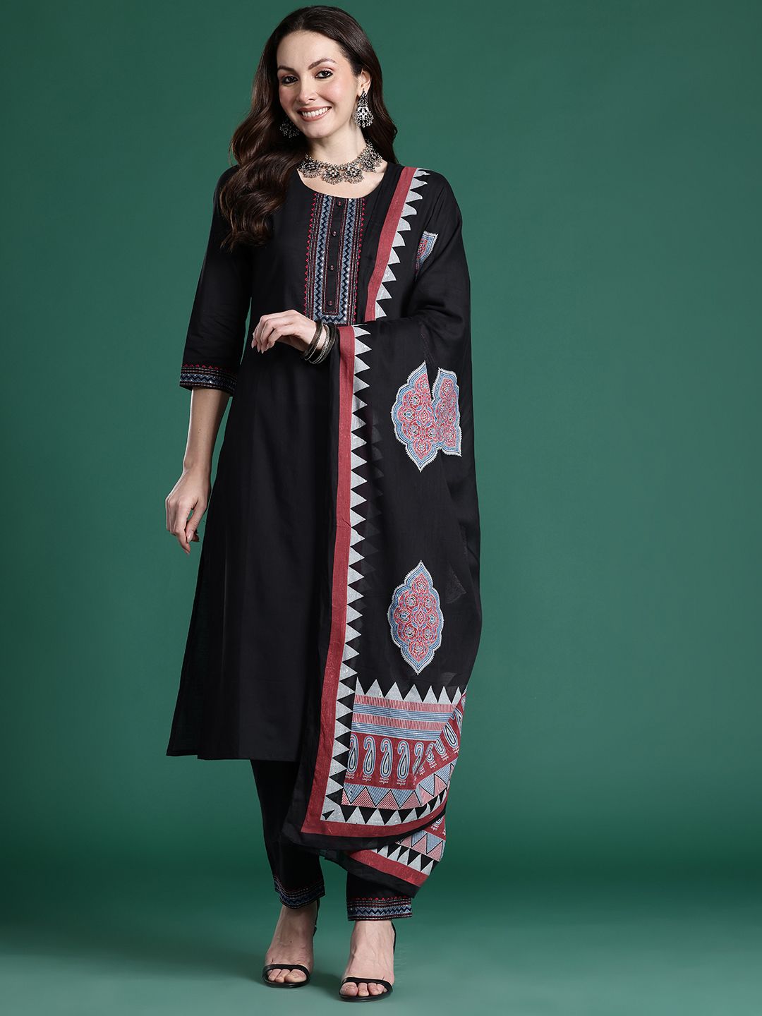 Embroidered Regular Beads & Stones Pure Cotton Kurta with Trousers & With Dupatta