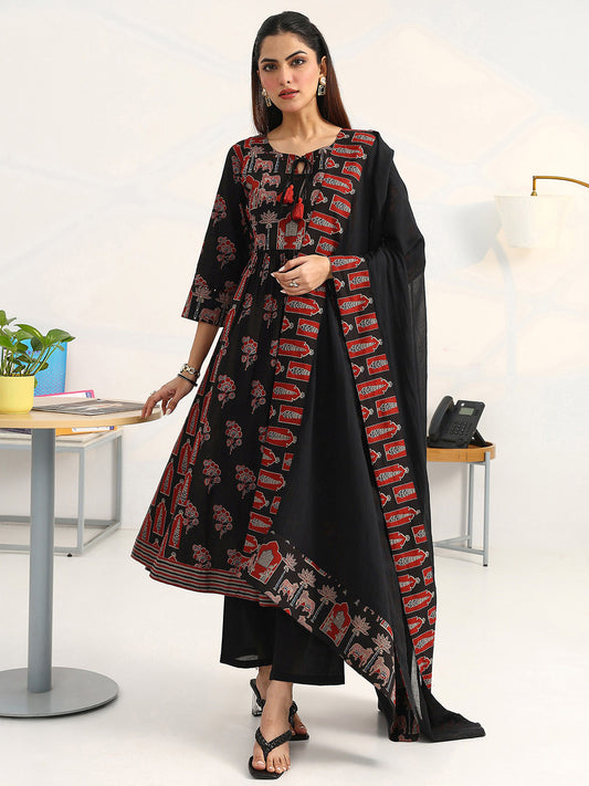 Women Ethnic Motifs Printed Regular Cotton Blend Kurta with Trousers & With Dupatta
