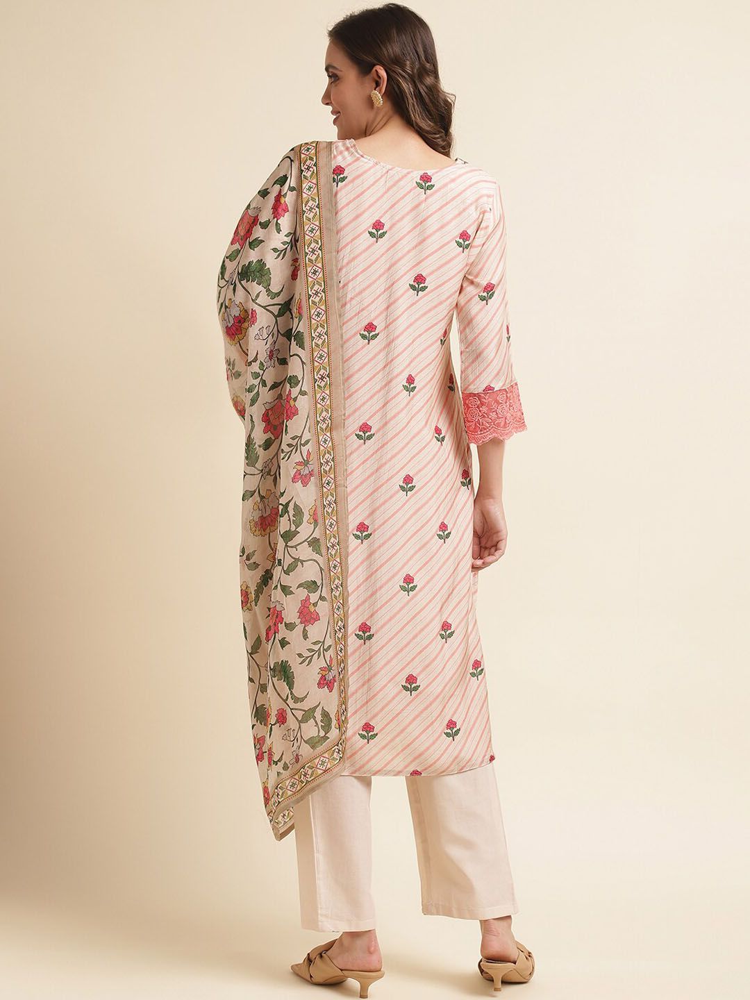 Dhiyona IS Women's Peach-Coloured Floral Printed Pure Cotton Straight Kurta & Trousers With Dupatta