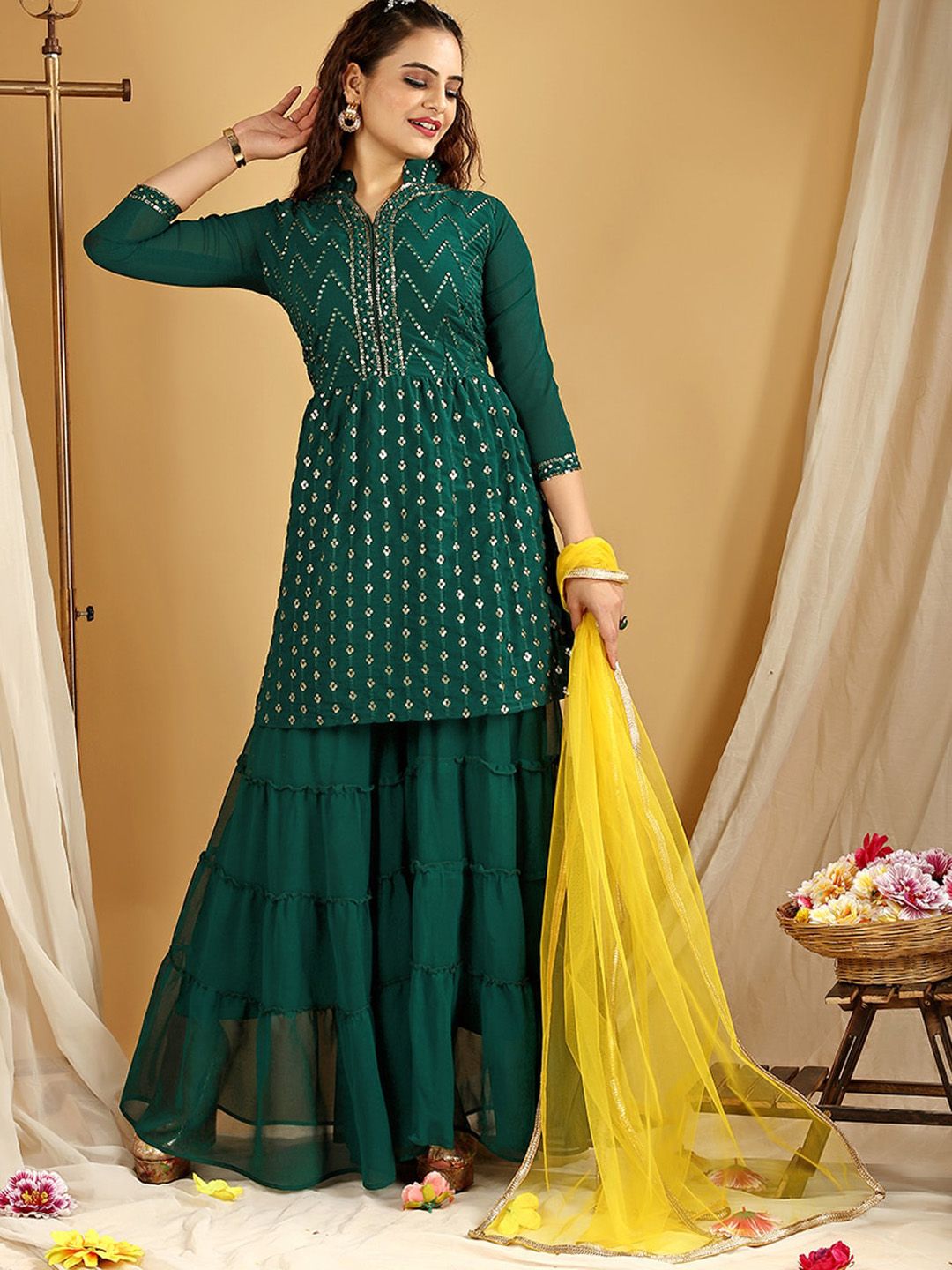 Dhiyona KL Floral Embroidered Regular Kurti with Sharara & Dupatta
