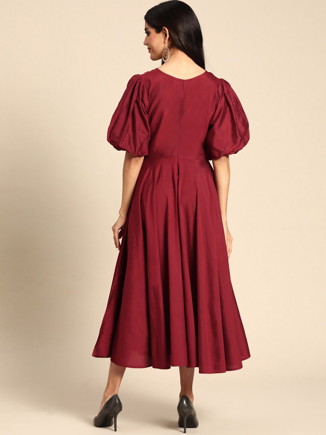 Dhiyona AY Women's Maroon Solid Puff Sleeves V Neck Embroidered Detail Midi Dress
