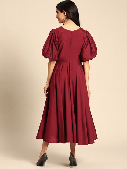 Dhiyona AY Women's Maroon Solid Puff Sleeves V Neck Embroidered Detail Midi Dress
