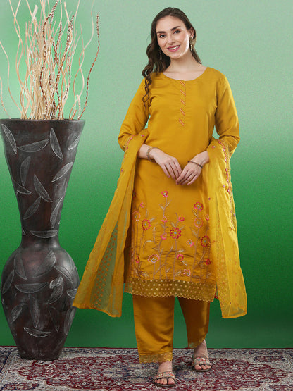 Floral Embroidered Thread Work Straight Kurta & Trouser With Dupatta