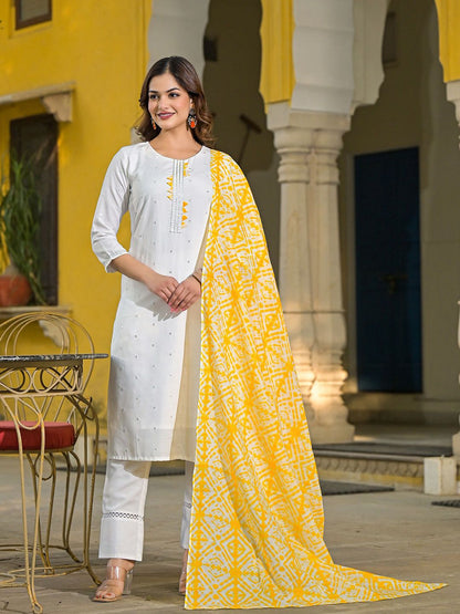 Dhiyona KL Women Floral Embroidered Regular Mirror Work Kurta with Trousers & With Dupatta