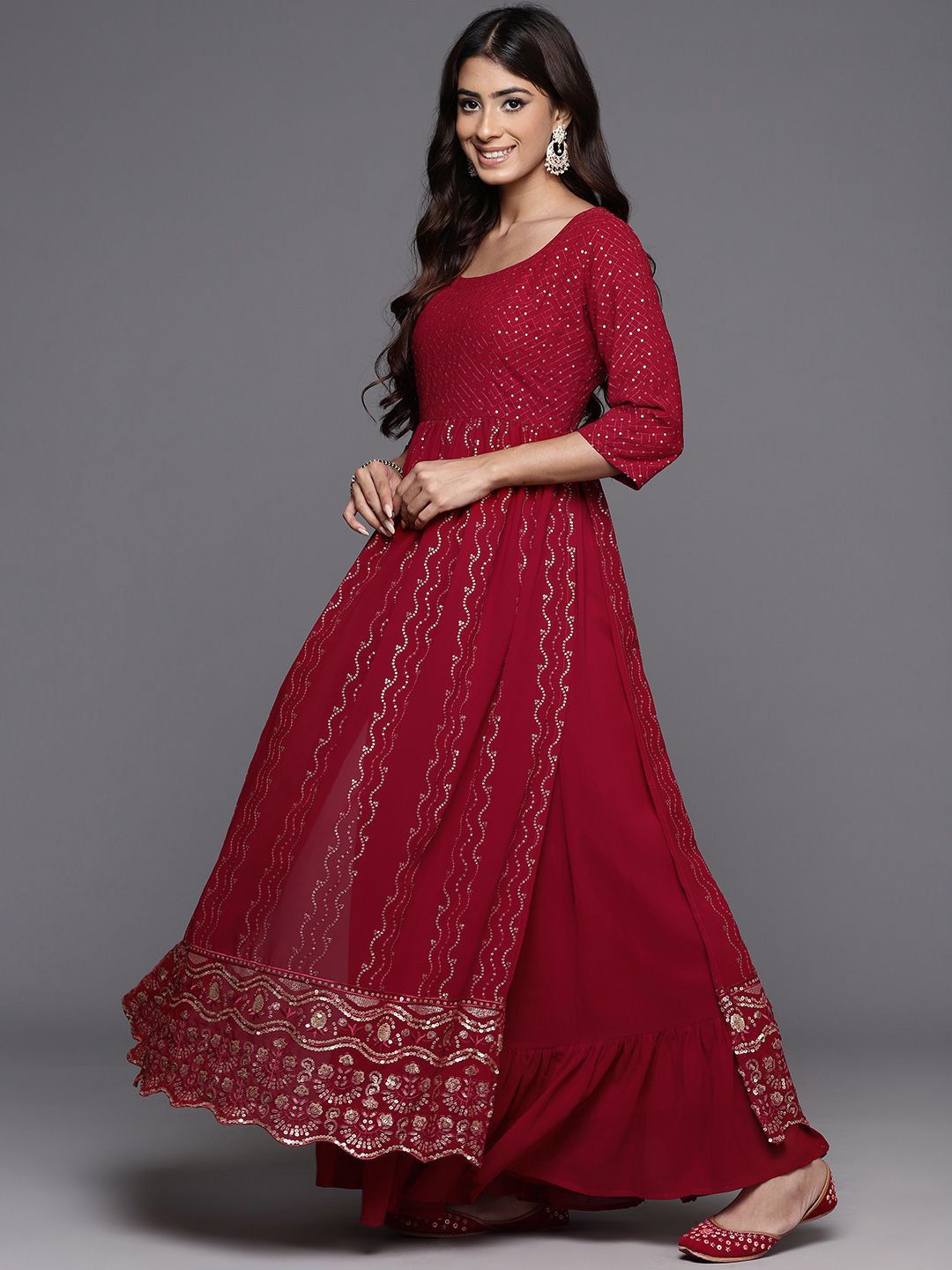 Dhiyona LL Women Ethnic Motifs Embroidered Pleated Sequinned Kurta with Palazzos & With Dupatta
