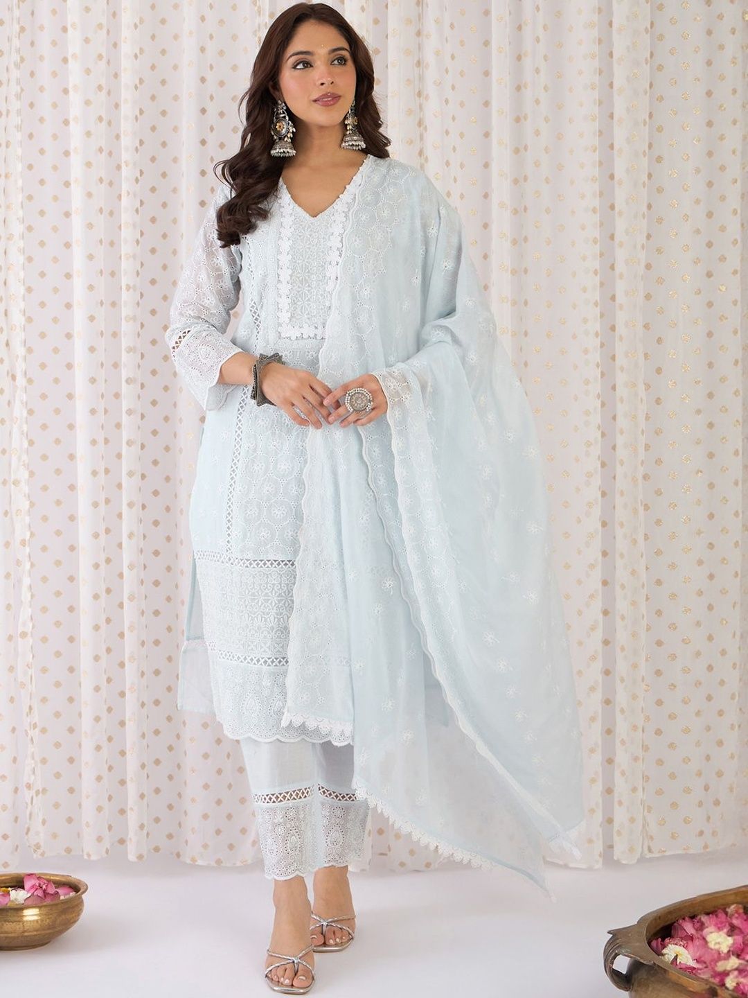 Dhiyona IE Women Ethnic Motifs Cotton Kurta with Trousers & Dupatta