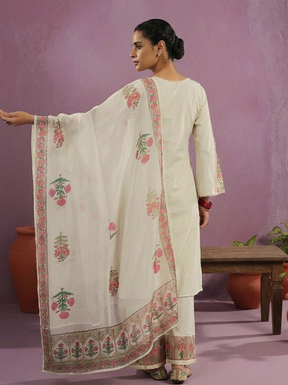 Dhiyona CH Women Floral Embroidered Regular Thread Work Kurta with Trousers & With Dupatta