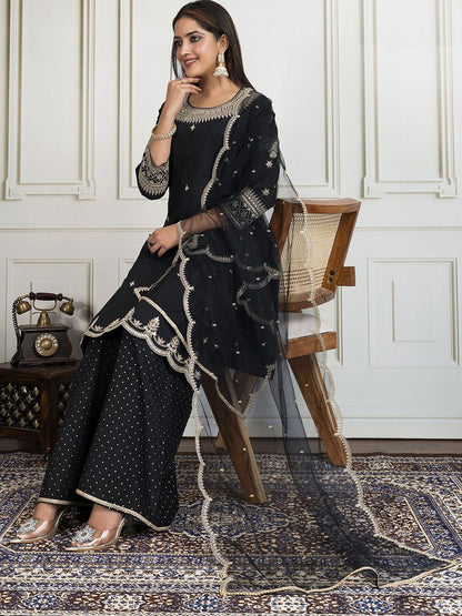 Dhiyona IN Women Ethnic Motifs Embroidered Regular Sequinned Kurta with Palazzos & Dupatta
