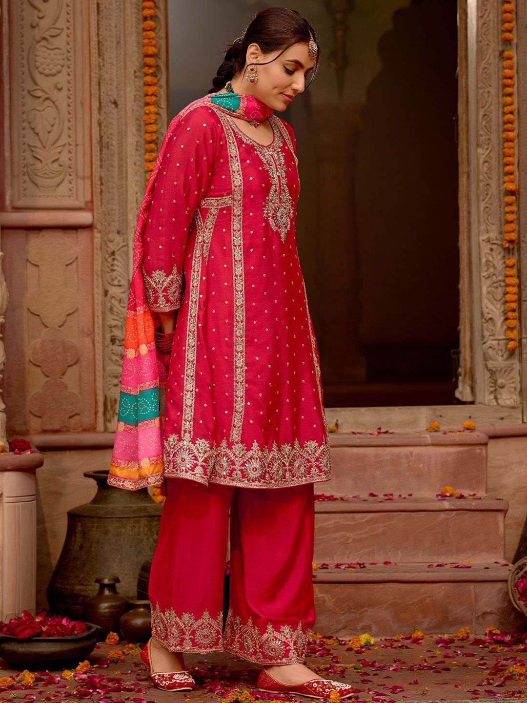 Dhiyona IE Floral Embroidered Panelled Mirror Work A-Line Kurta With Palazzos & Dupatta