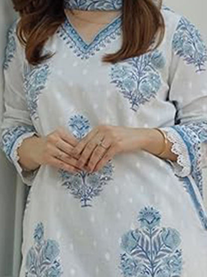 Dhiyona KL Floral Printed Regular Mirror Work Pure Cotton Straight Kurta With Salwar & Dupatta