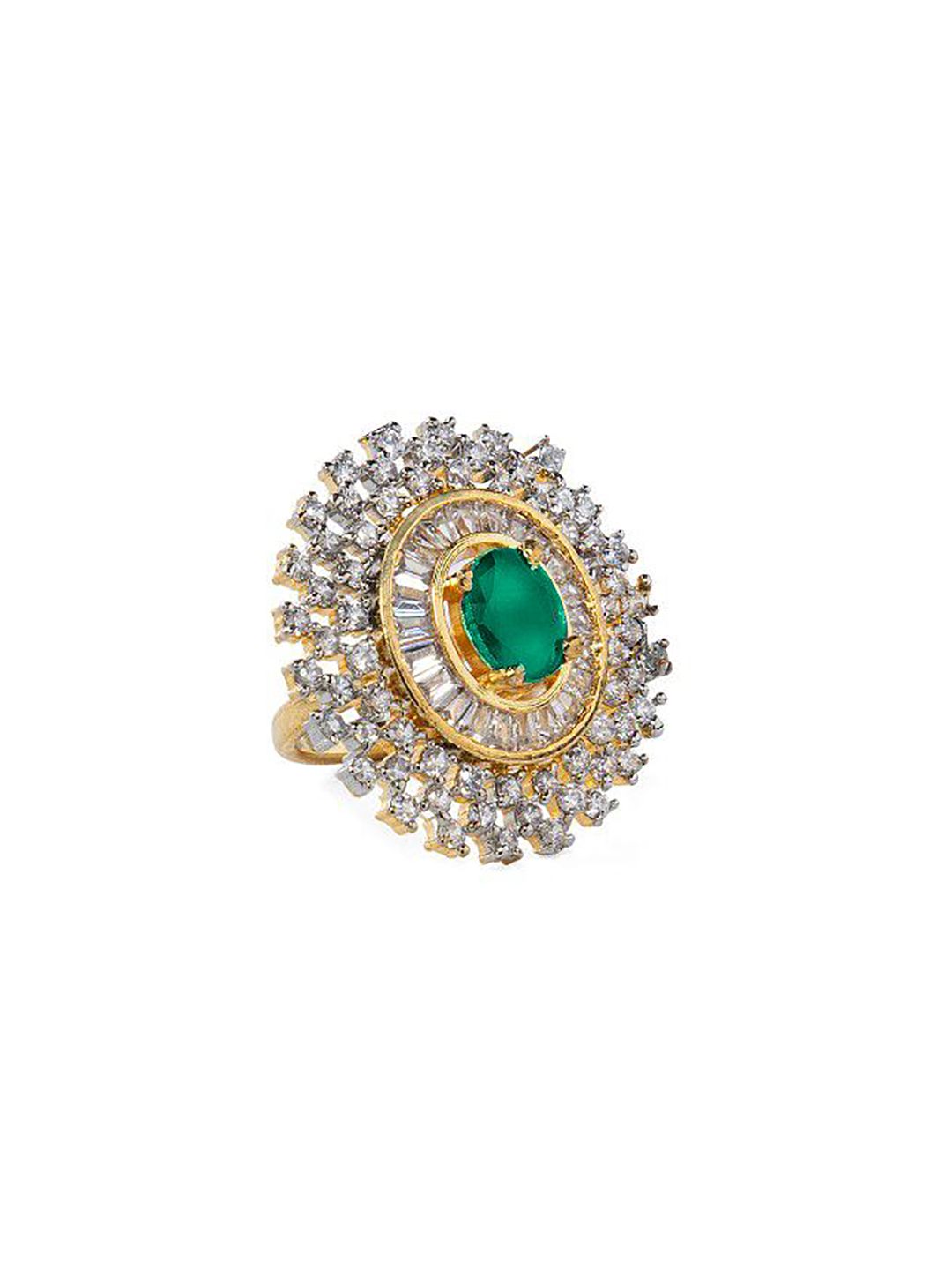Dhiyona RJ Women's Rhodium-Plated Emerald Green & White Zirconia Stone Studded Adjustable Ring