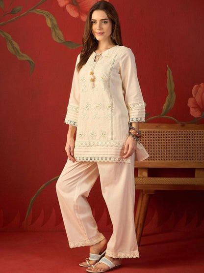 Cream schiffli embroidered cotton tunic and pants