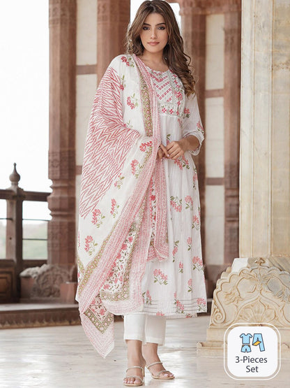 Dhiyona KL Floral Printed Thread Work Pure Cotton Kurta with Trousers & Dupatta