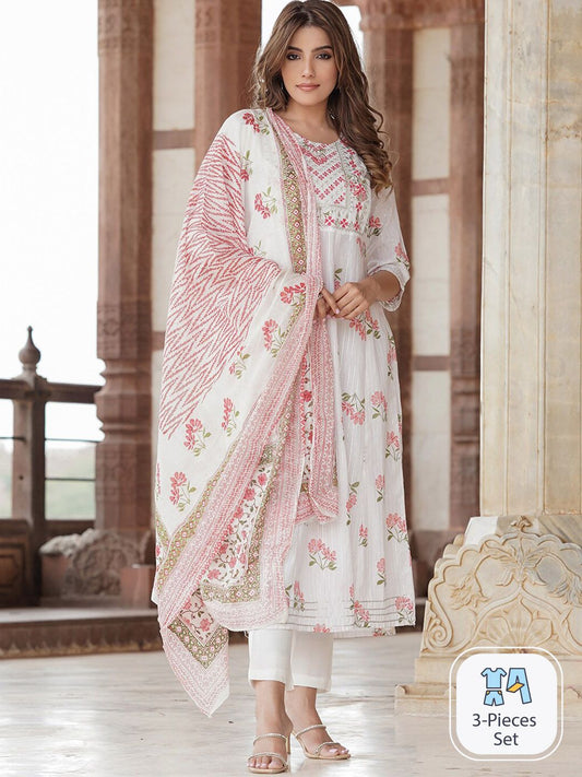 Dhiyona KL Floral Printed Thread Work Pure Cotton Kurta with Trousers & Dupatta