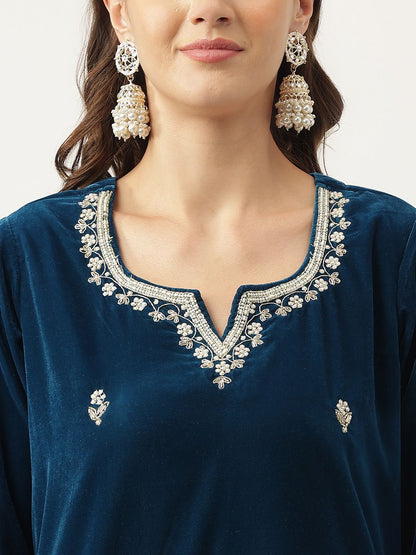 Dhiyona KL Floral Embroidered Beads and Stones Velvet Kurta With Palazzos & Dupatta